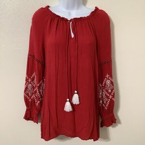 Sweet Magnolia Bohemian Boho‎ Hippie Red Beaded Oversized Peasant Blouse Small